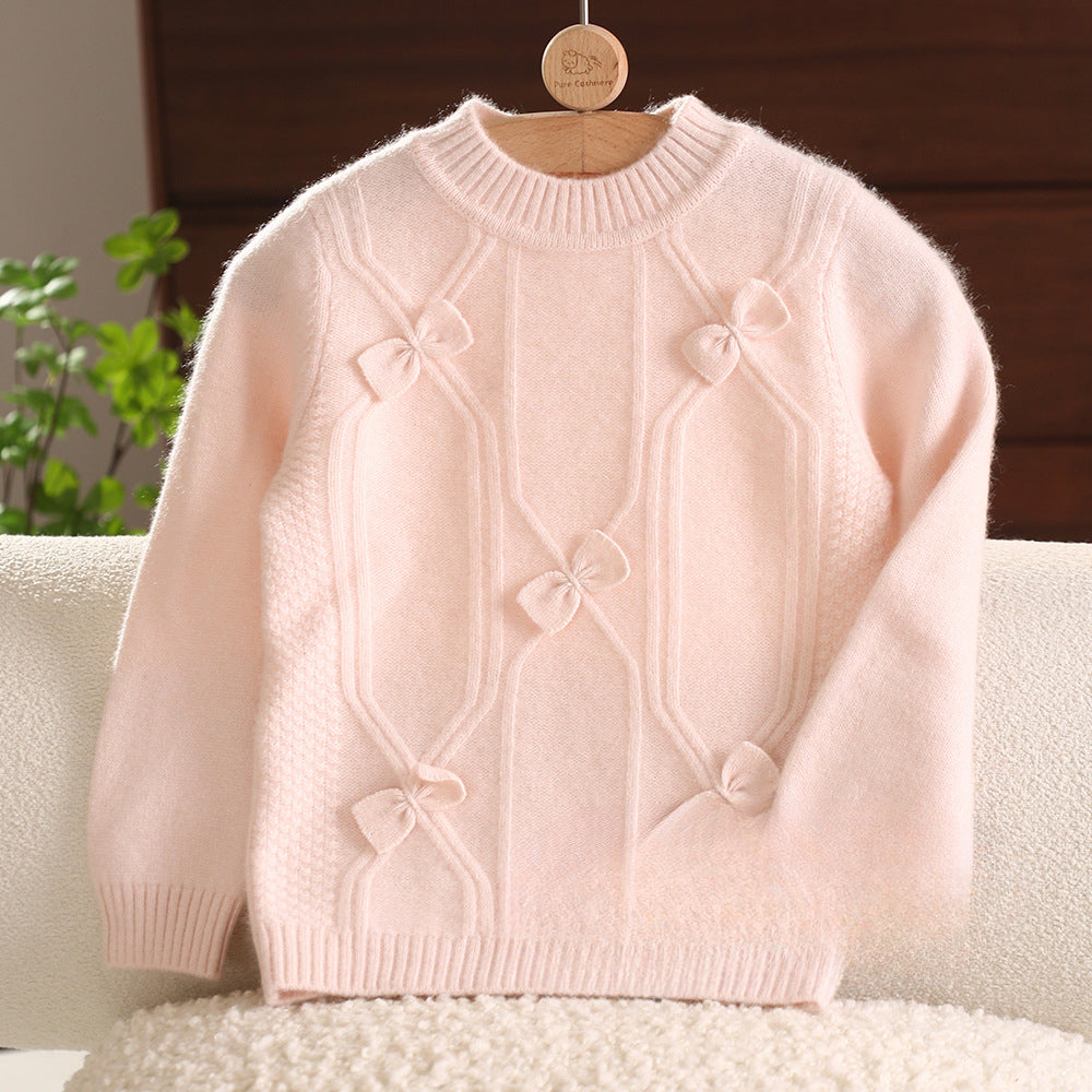 Counting sheep, sweet wind bow girl pink pullover cashmere sweater to keep warm