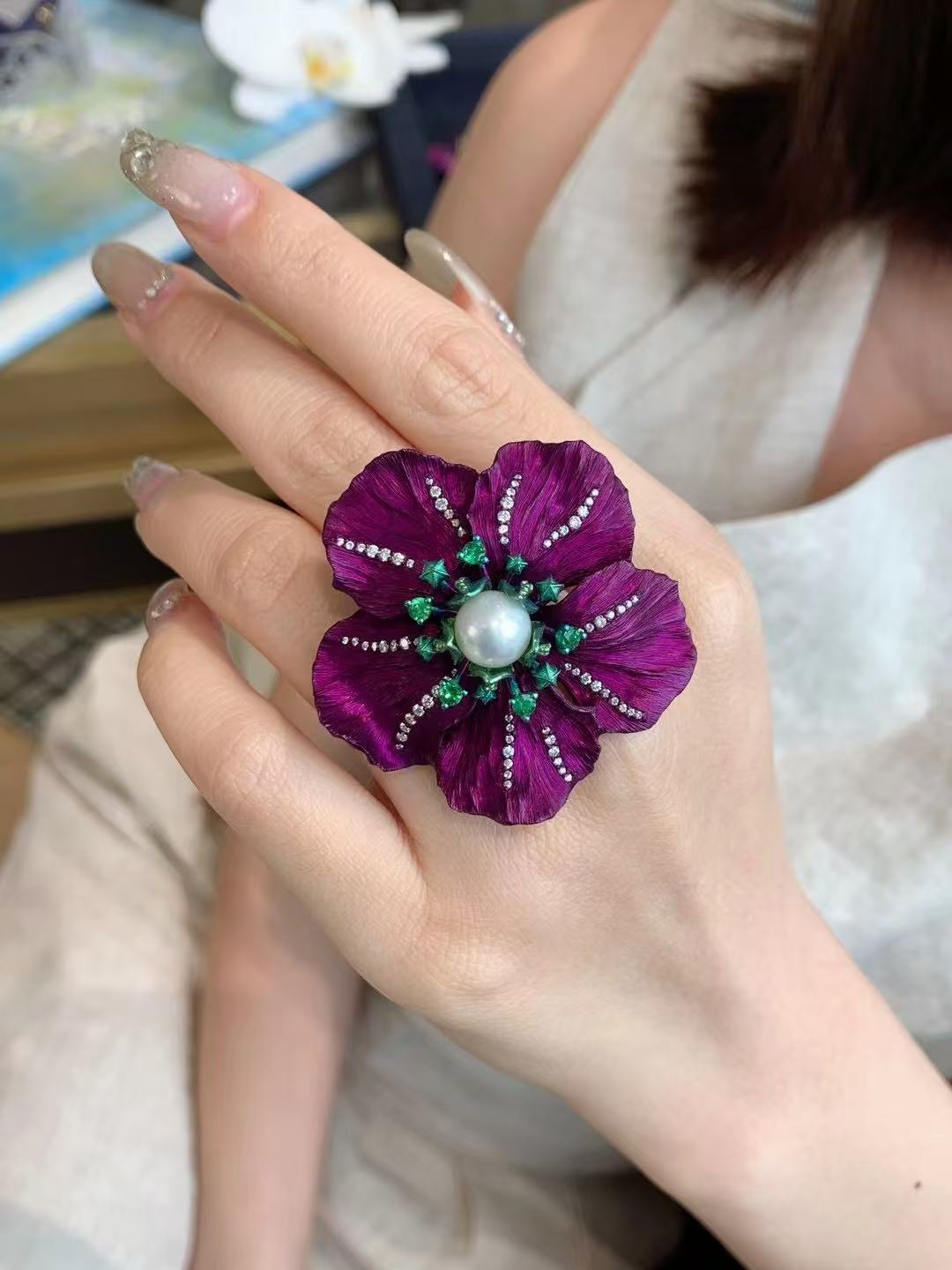 Jewelry Titanium and aluminum diamond   Pearl ring