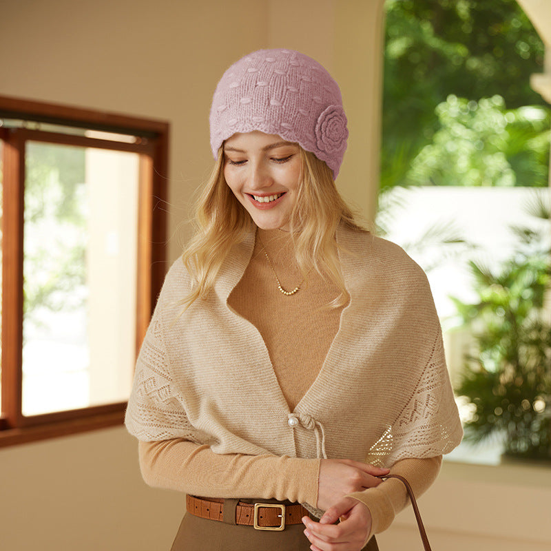 Cashmere hat, women's 100% pure cashmere, autumn and winter, handmade, three-dimensional flower knitting, hat knitted hat