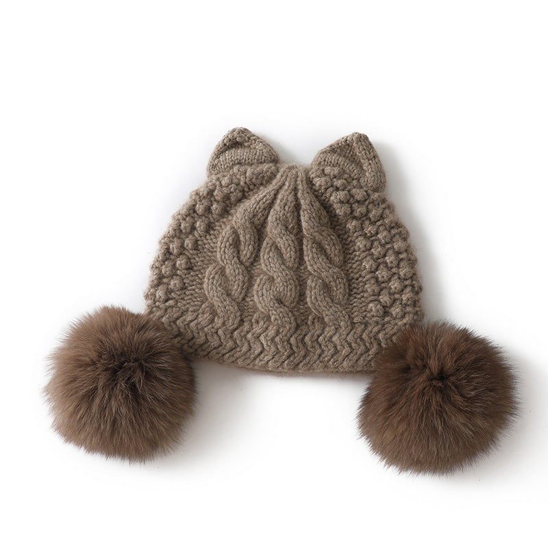 Cashmere hat, women's 100% pure cashmere, fox hair, cat ears, knitted, warm, hat