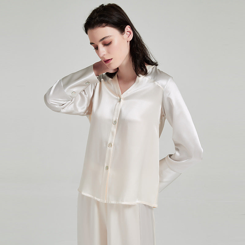 Silk pajamas V-neck color matching, long sleeves, trousers 100% mulberry silk, loungewear, women