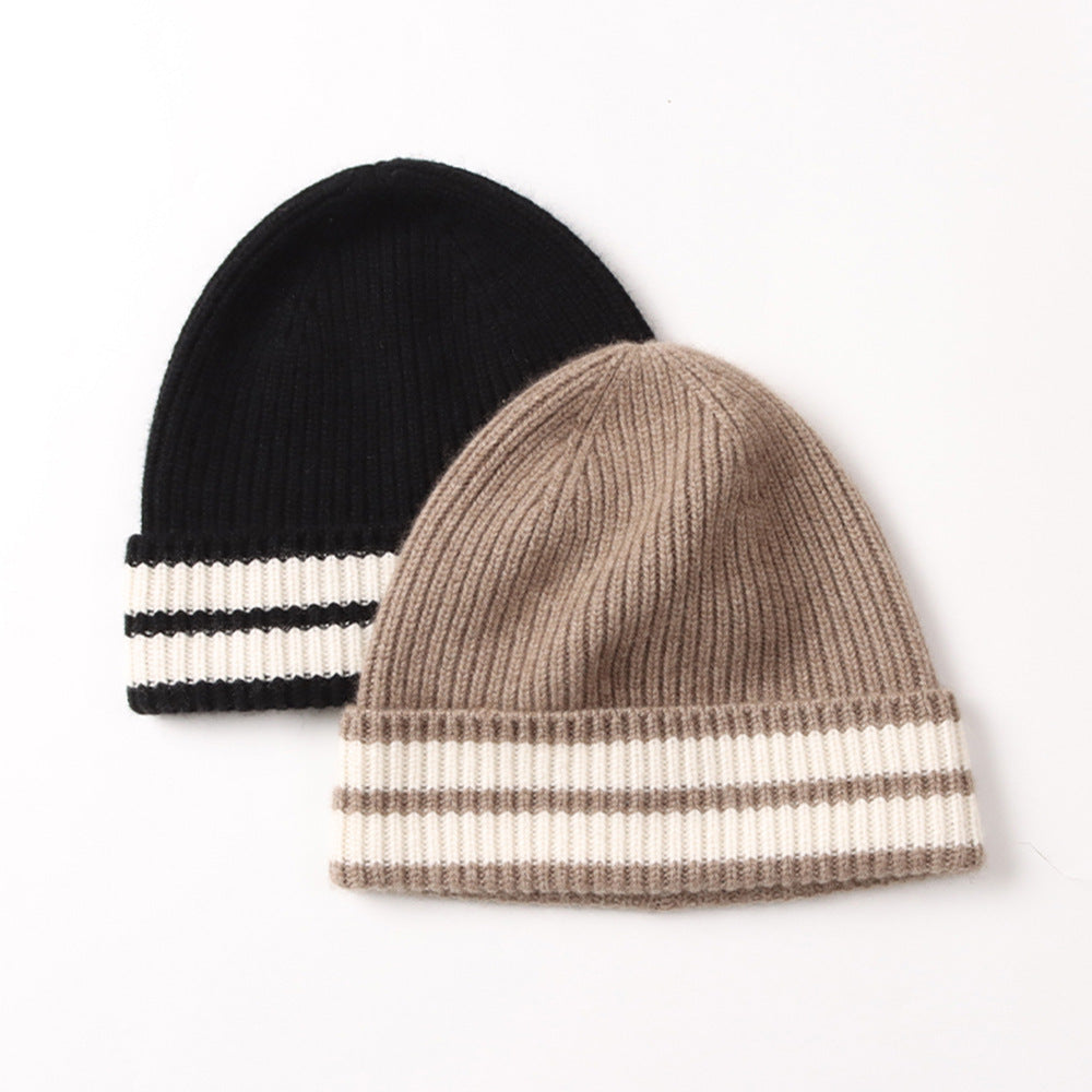 New autumn and winter warm cute pure cashmere color strip flanged knitted hat