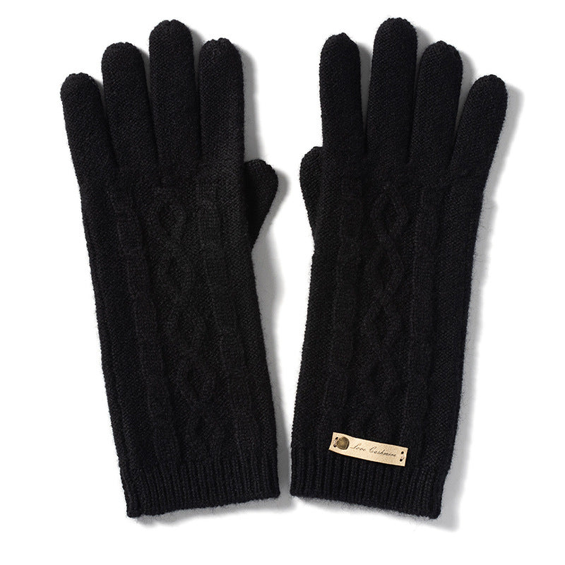 Pure cashmere knitted rhombus gloves, women's autumn and winter warm five-finger gloves