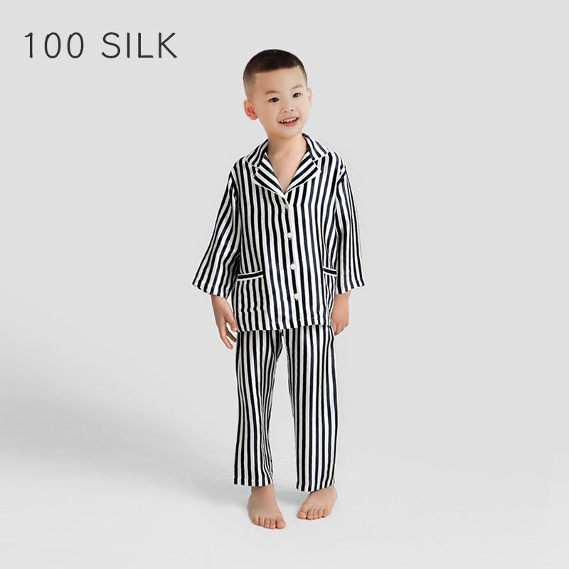 Children's silk pajamas, men's and women's same 100% mulberry silk long-sleeved trousers set, striped casual silk loungewear