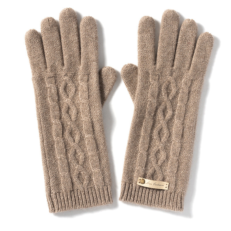 Pure cashmere knitted rhombus gloves, women's autumn and winter warm five-finger gloves