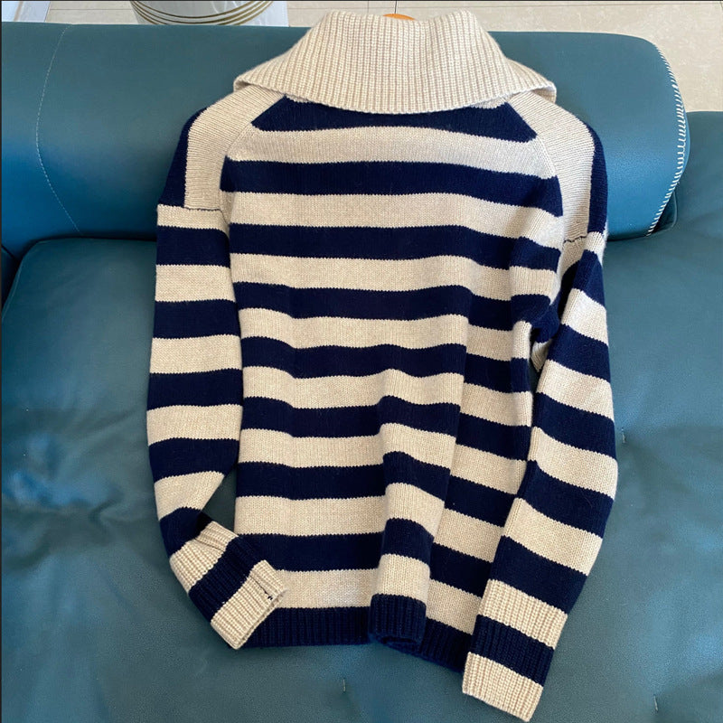 CASHMERE contrasting colors, stripes, lapels, design, long sleeves, cashmere sweater, thickened, zipper, loose cashmere sweater