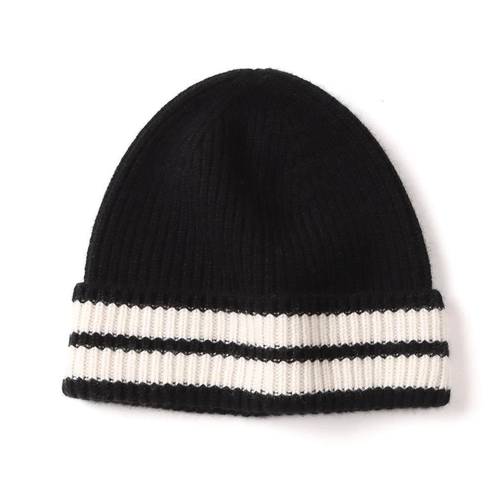 New autumn and winter warm cute pure cashmere color strip flanged knitted hat