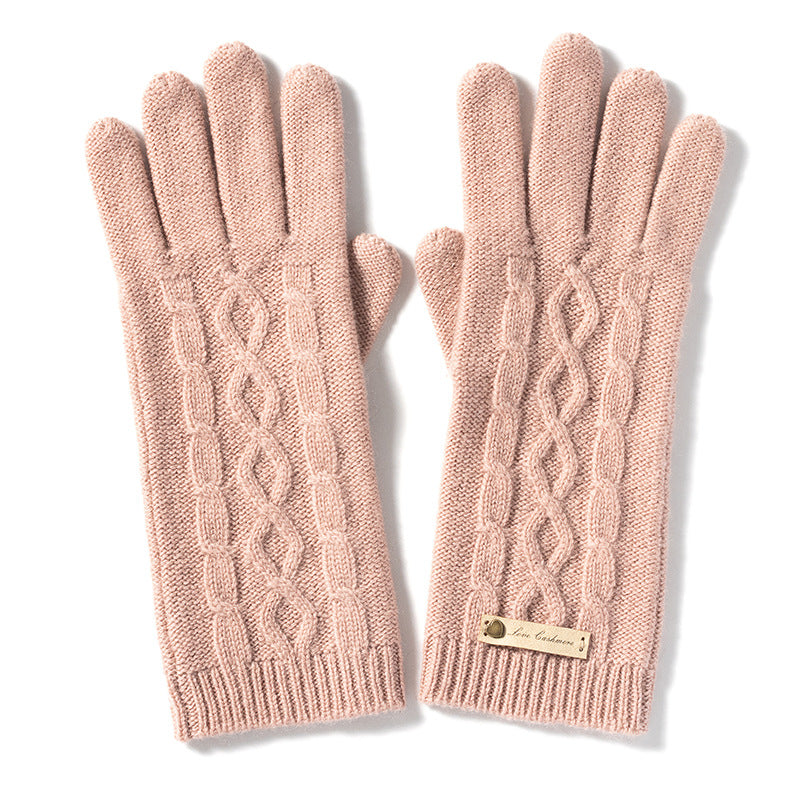 Pure cashmere knitted rhombus gloves, women's autumn and winter warm five-finger gloves