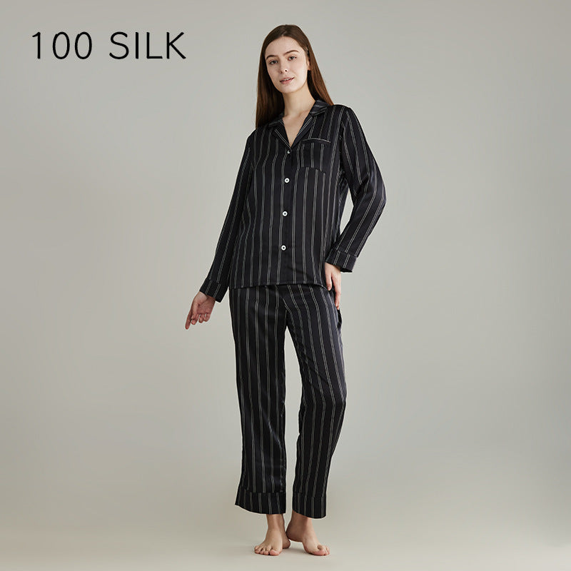 Silk pajamas, men and women, striped 100% mulberry silk, couples, loungewear, long sleeves, trousers