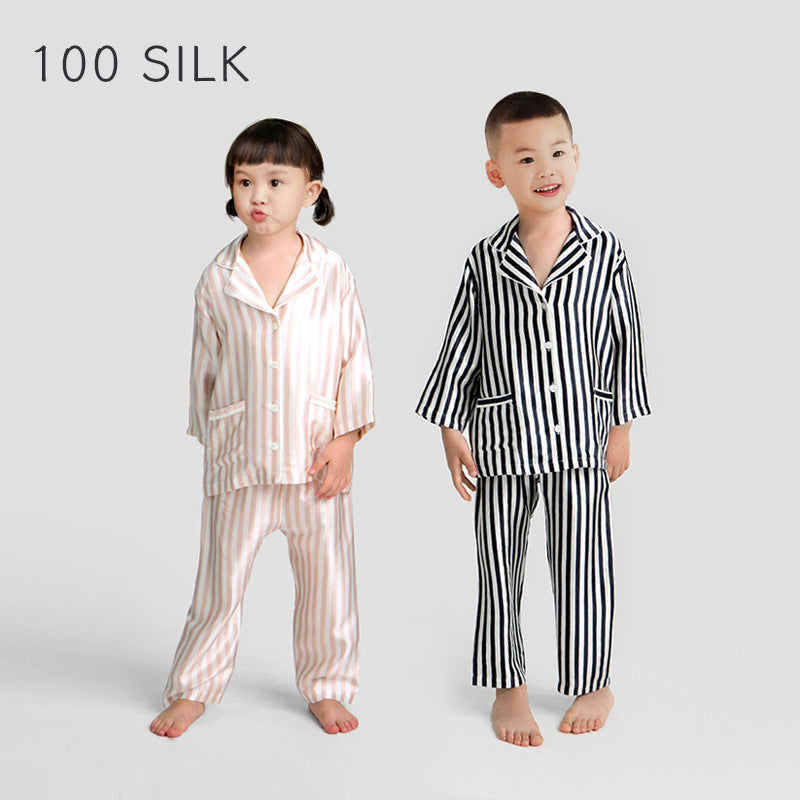 Children's silk pajamas, men's and women's same 100% mulberry silk long-sleeved trousers set, striped casual silk loungewear