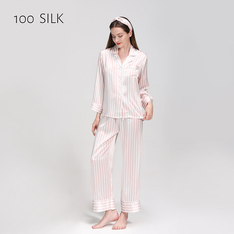 Silk pajamas 100% mulberry silk, long sleeves, trousers, suits, stripes, loungewear