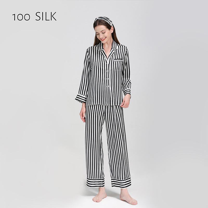 Silk pajamas 100% mulberry silk, long sleeves, trousers, suits, stripes, loungewear