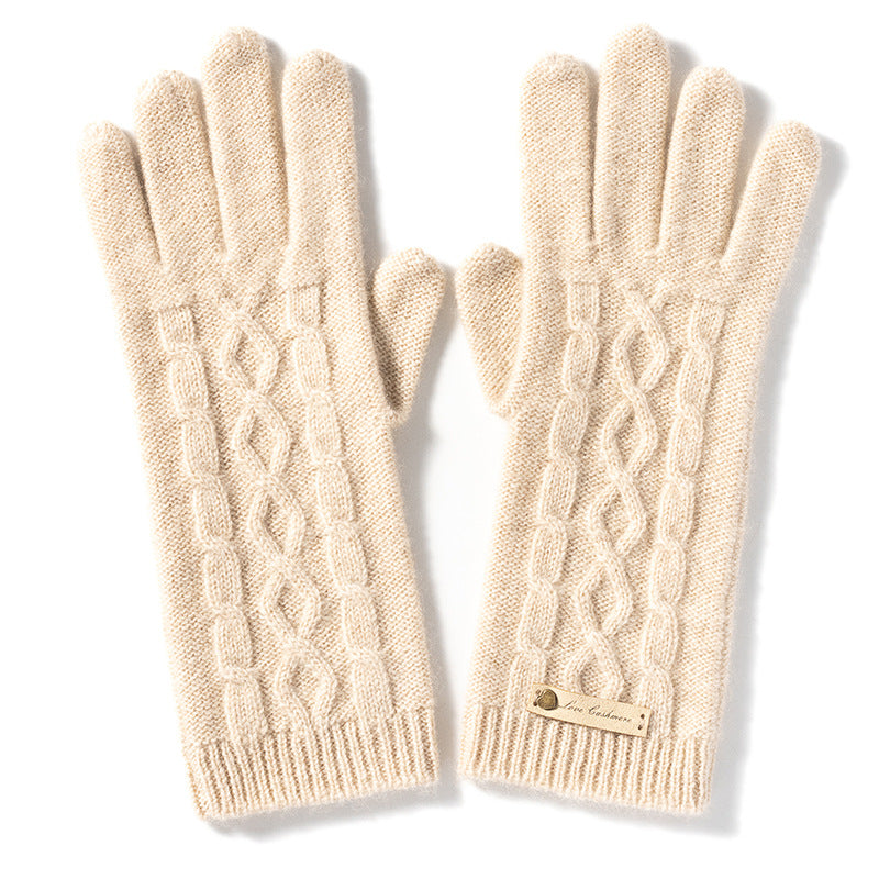 Pure cashmere knitted rhombus gloves, women's autumn and winter warm five-finger gloves