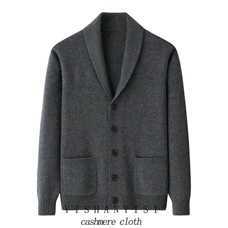 470G, solid color 100 pure cashmere, green fruit, loose collar, men's cardigan, business, casual, knitted cashmere, coat