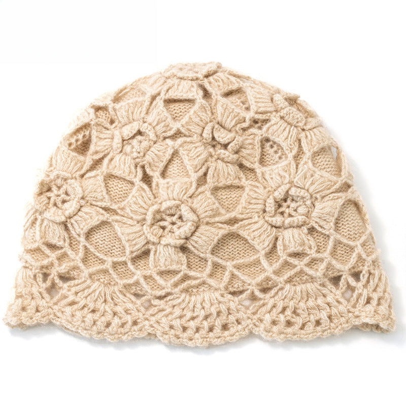 Handmade crochet, double layer, petal, hollow, cashmere, knitted, hat