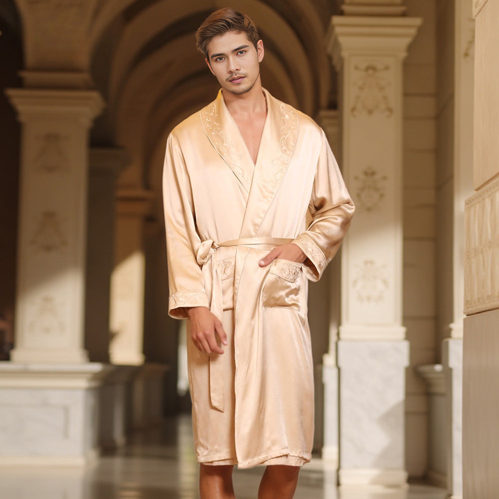 19 mmi, silk morning gown men's 100% mulberry silk, silk, bathrobe, loungewear nightgown